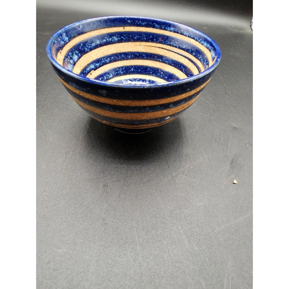 Studio Pottery Cobalt Blue Spiral Stoneware Bowl Handcrafted Rustic Decor 4.75"